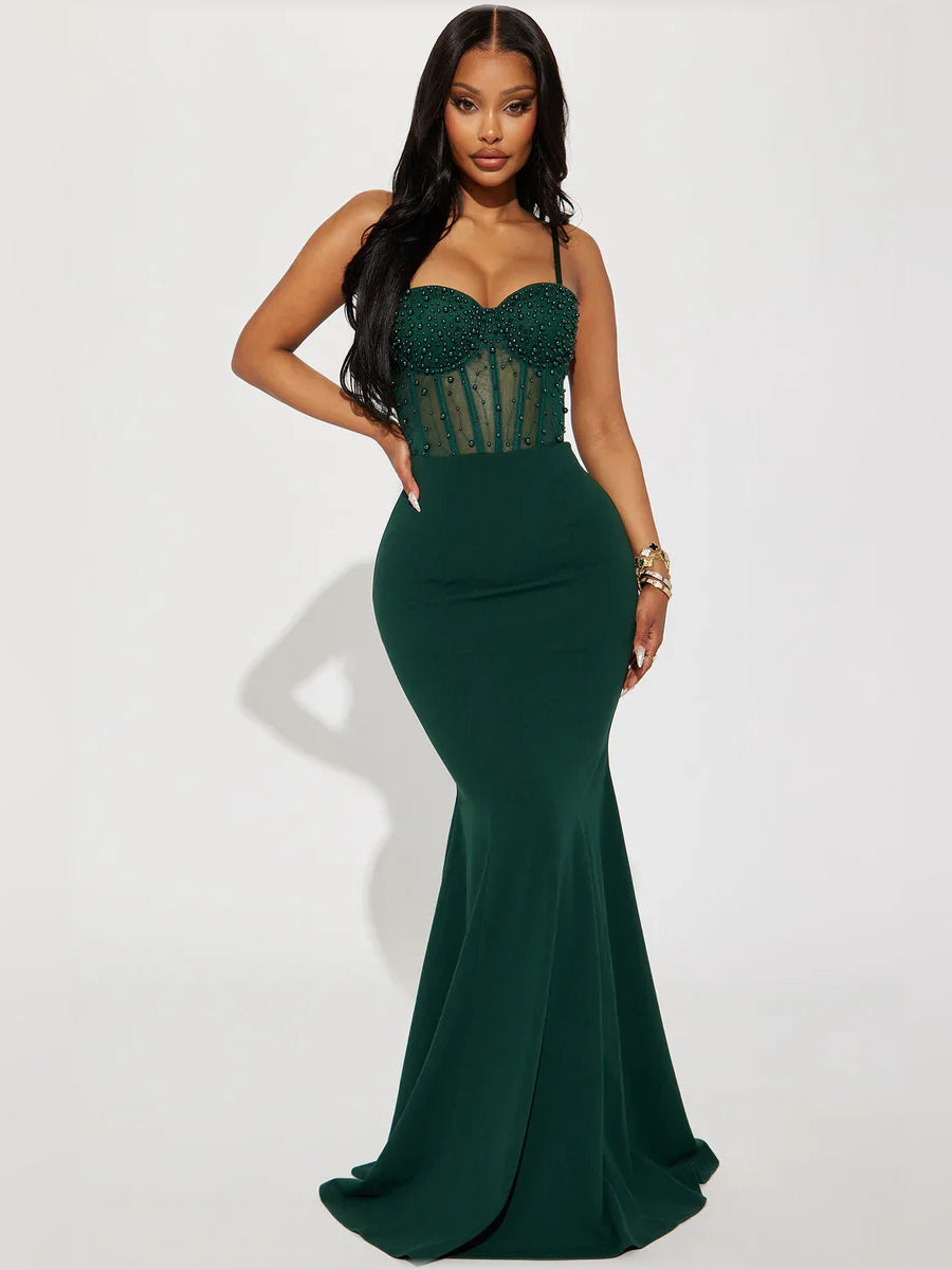 Dark Green mermaid floor-length formal dress with corset-style bodice, alternate view