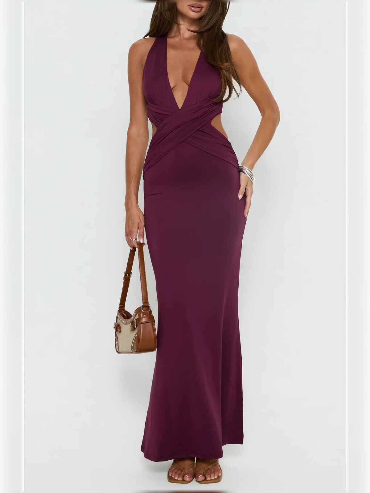 Purple mermaid floor-length formal dress with cutout detail, alternate view
