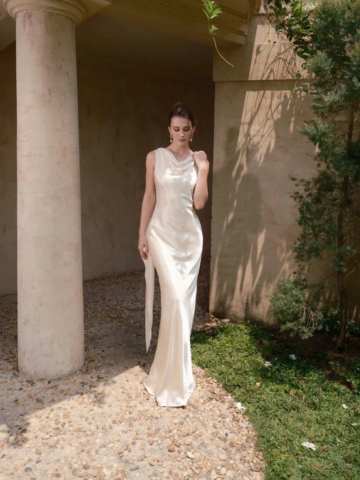 Ivory floor-length wedding dress, alternate view showing the bodice and skirt