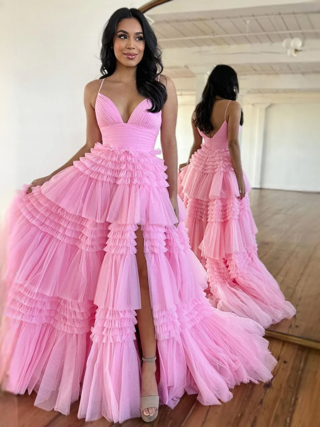 Pink maxi prom dress, alternate view showing the bodice and skirt