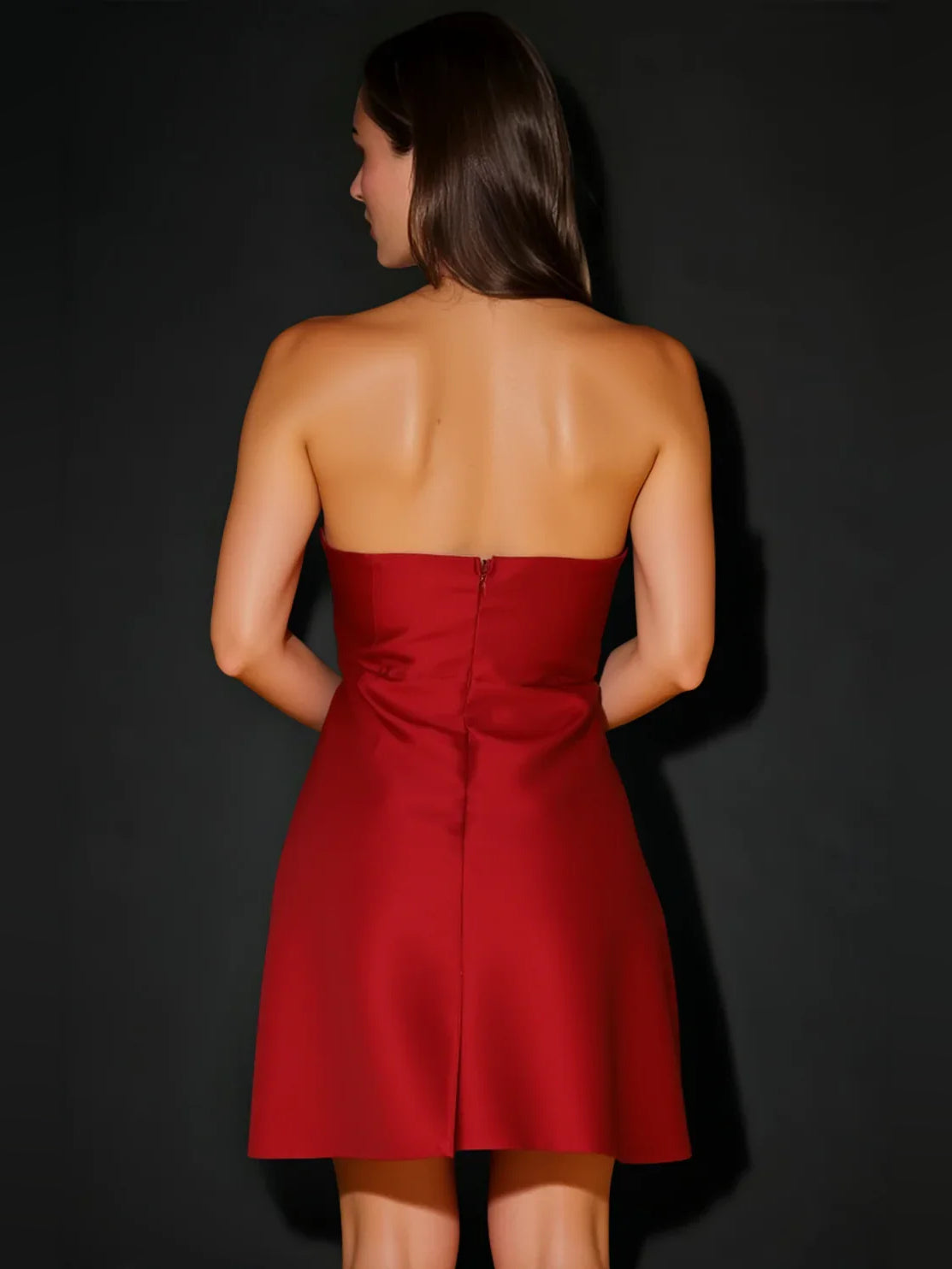 Red mini homecoming dress, back view showing the rear of the dress
