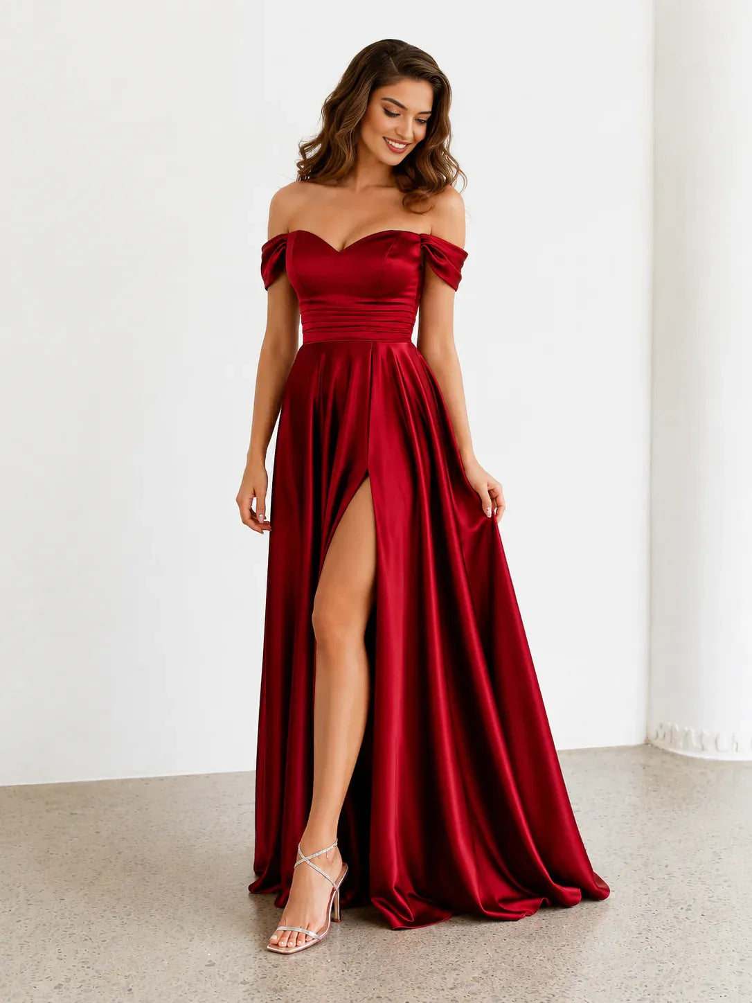 Burgundy floor-length prom dress, alternate view showing the bodice and skirt