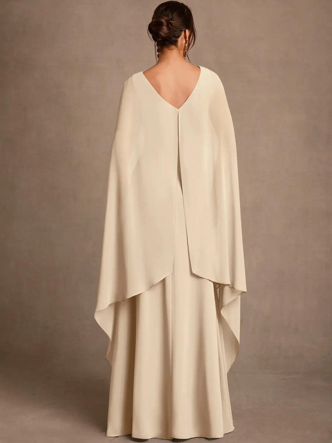 Champagne maxi mother of the bride dress, alternate view showing the bodice and skirt