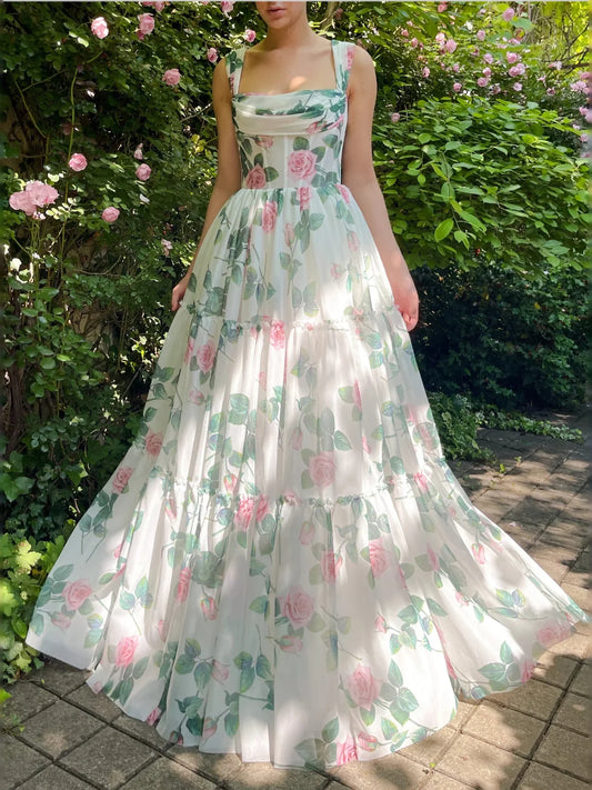 Floral maxi prom dress, alternate view showing the bodice and skirt