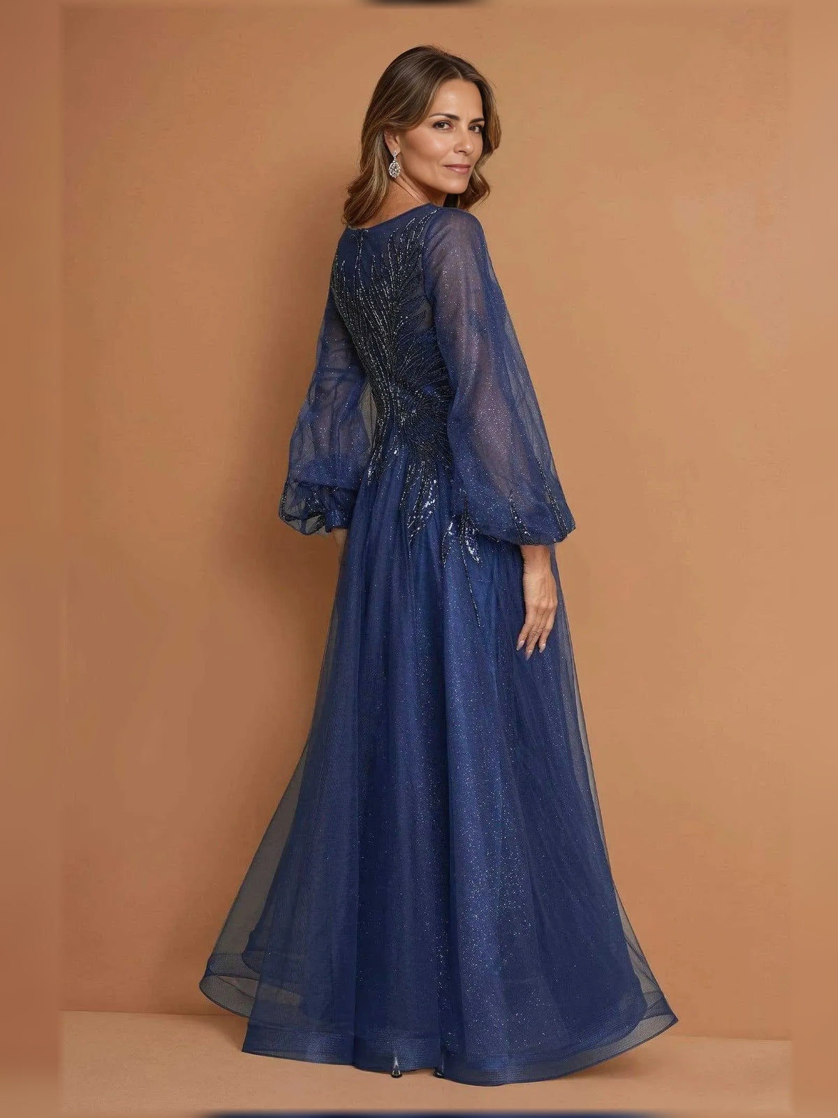 Navy Blue maxi mother of the bride dress, alternate view showing the bodice and skirt