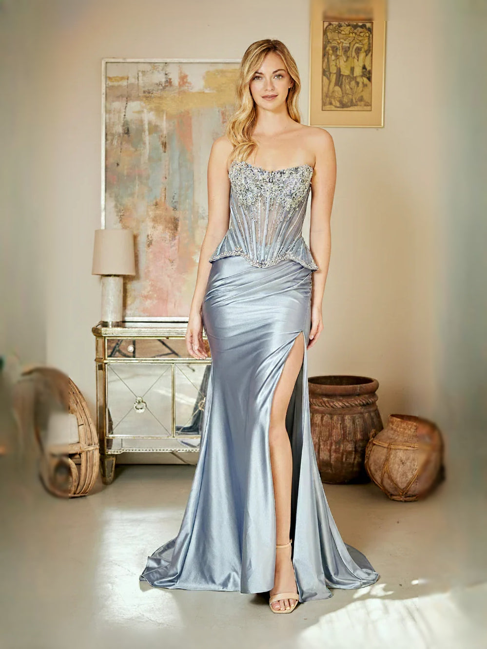 Dusty Blue maxi prom dress, alternate view showing the bodice and skirt