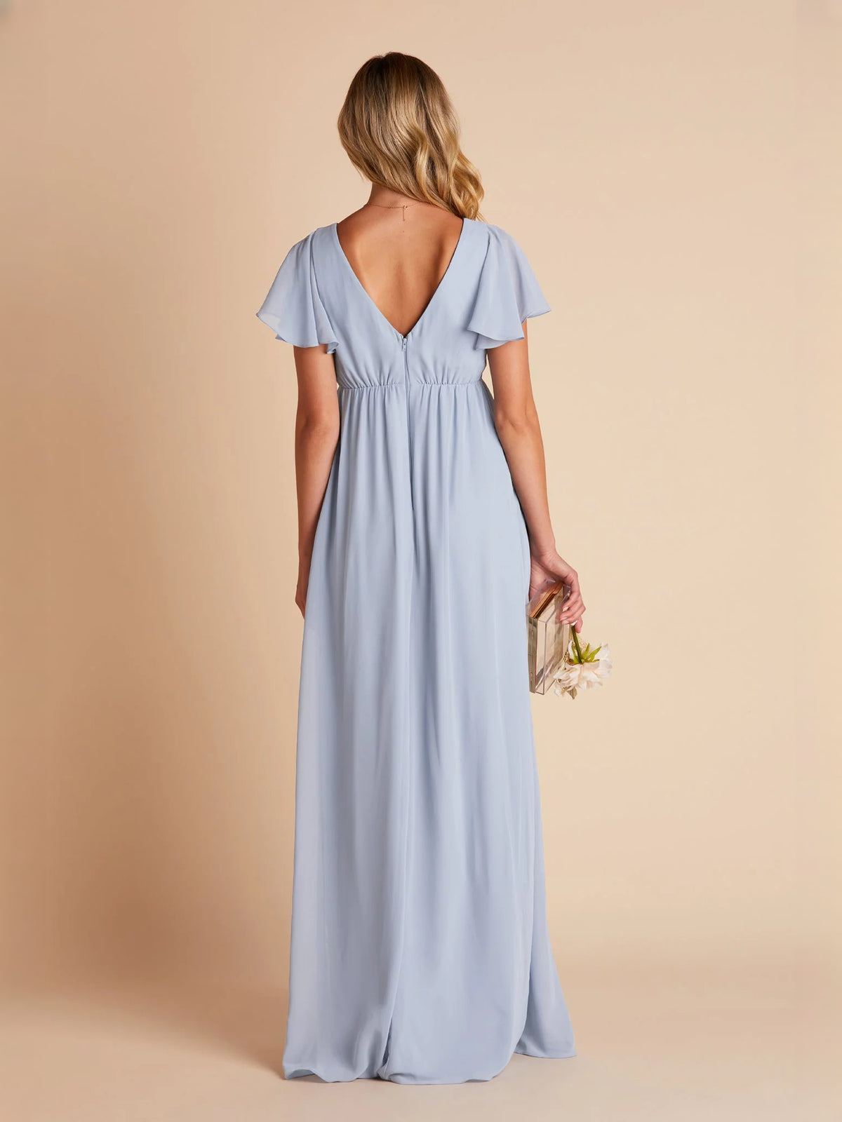 Dusty Blue maxi bridesmaid dress, alternate view showing the bodice and skirt