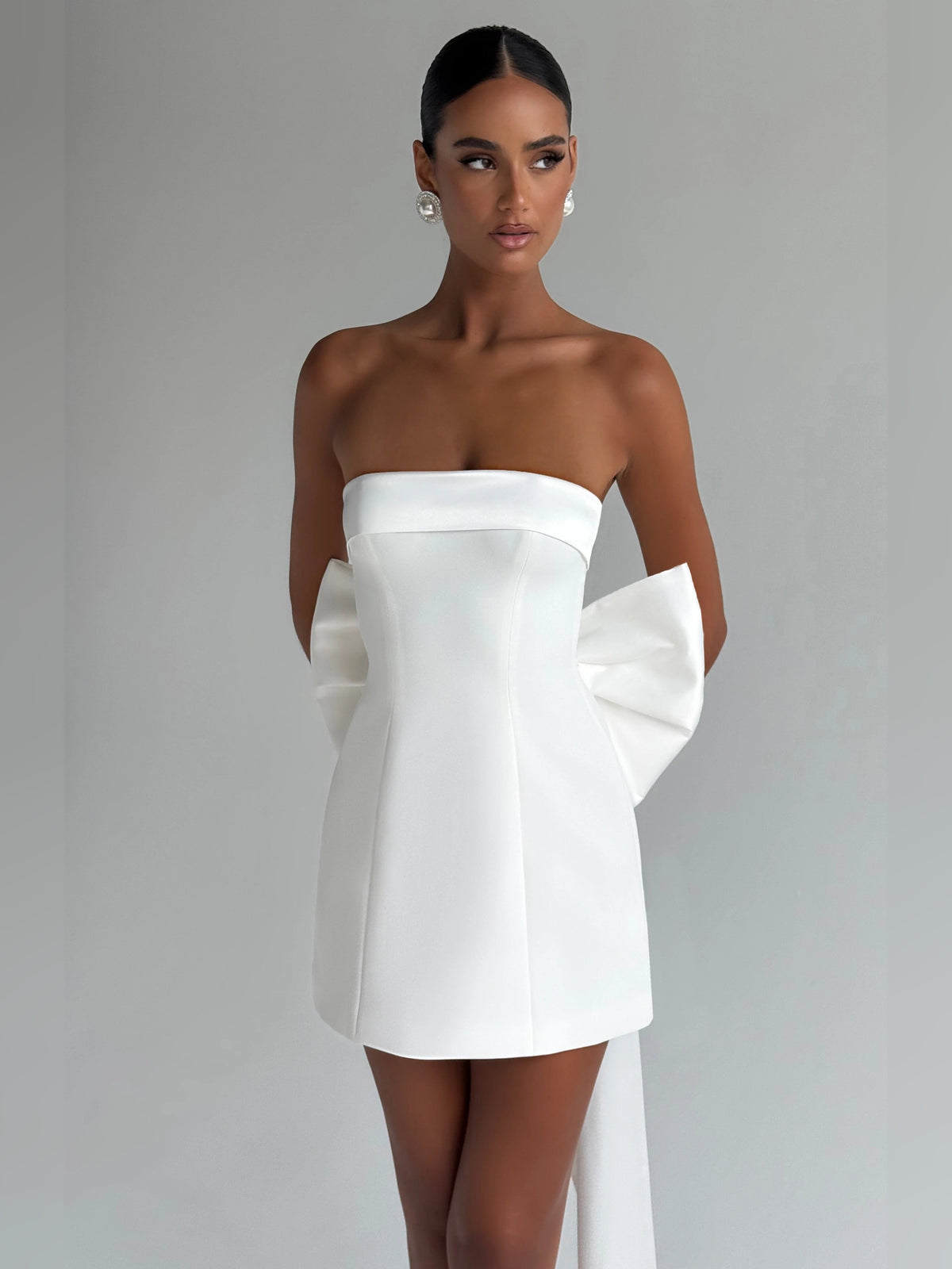 Ivory mini homecoming dress, alternate view showing the bodice and skirt