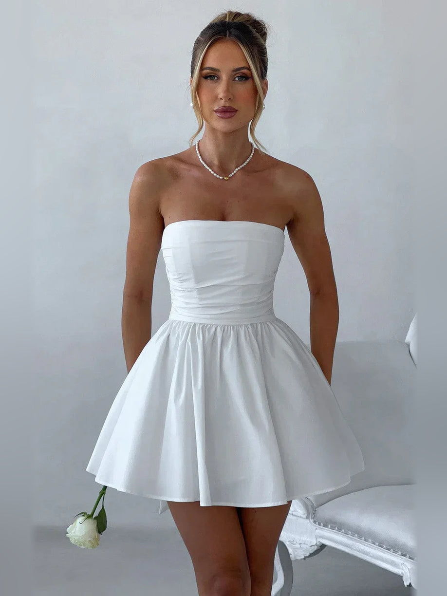 White mini homecoming dress, back view showing the rear of the dress