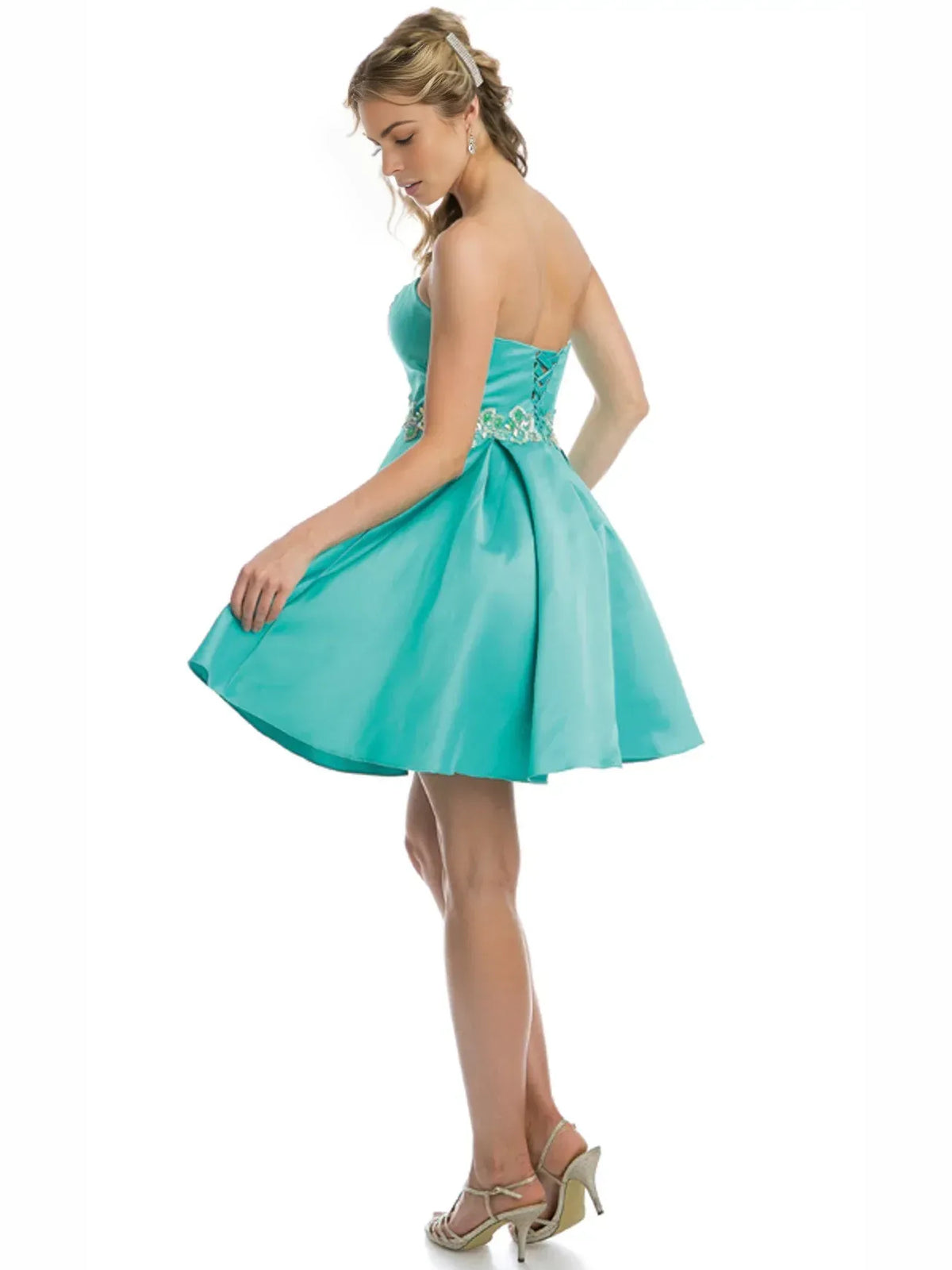 Turquoise short homecoming dress, back view showing the rear of the dress