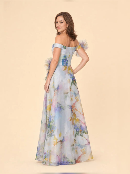 Ivory white maxi mother of the bride dress, alternate view showing the bodice and skirt