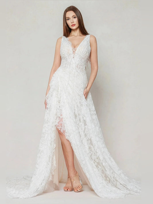 Ivory floor-length wedding dress, alternate view showing the bodice and skirt