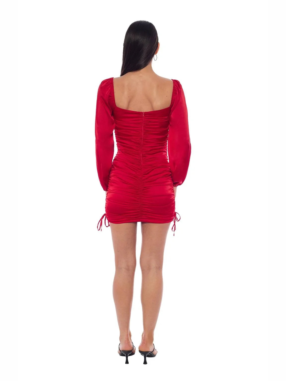 Red mini homecoming dress, back view showing the rear of the dress