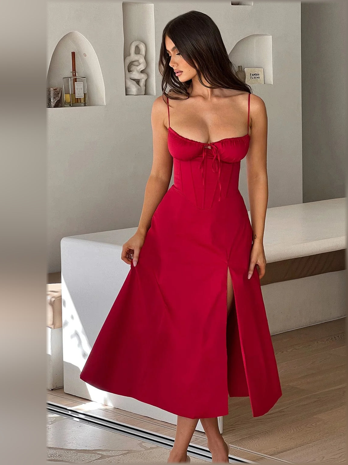 Red midi formal dress, alternate view
