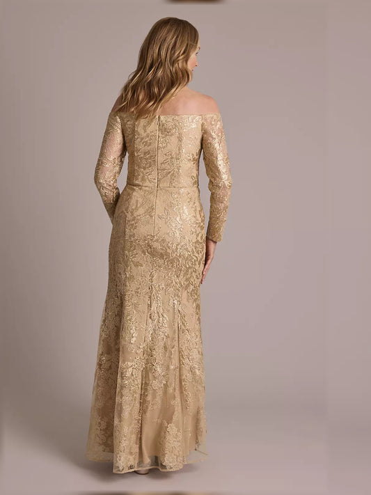 Gold maxi mother of the bride dress, alternate view showing the bodice and skirt