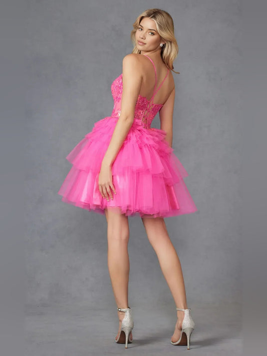 Hot Pink short homecoming dress, back view showing the rear of the dress