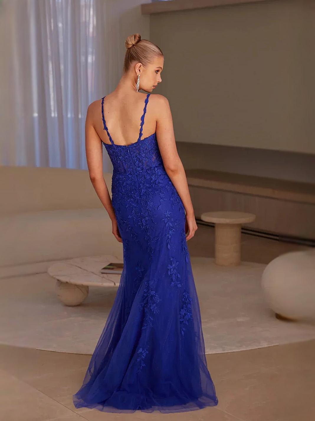 Cobalt Blue maxi prom dress, alternate view showing the bodice and skirt