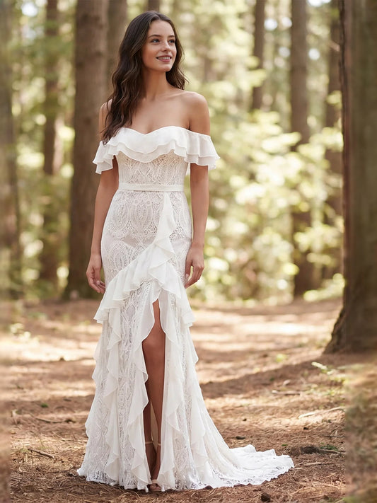 Ivory floor-length wedding dress, alternate view showing the bodice and skirt