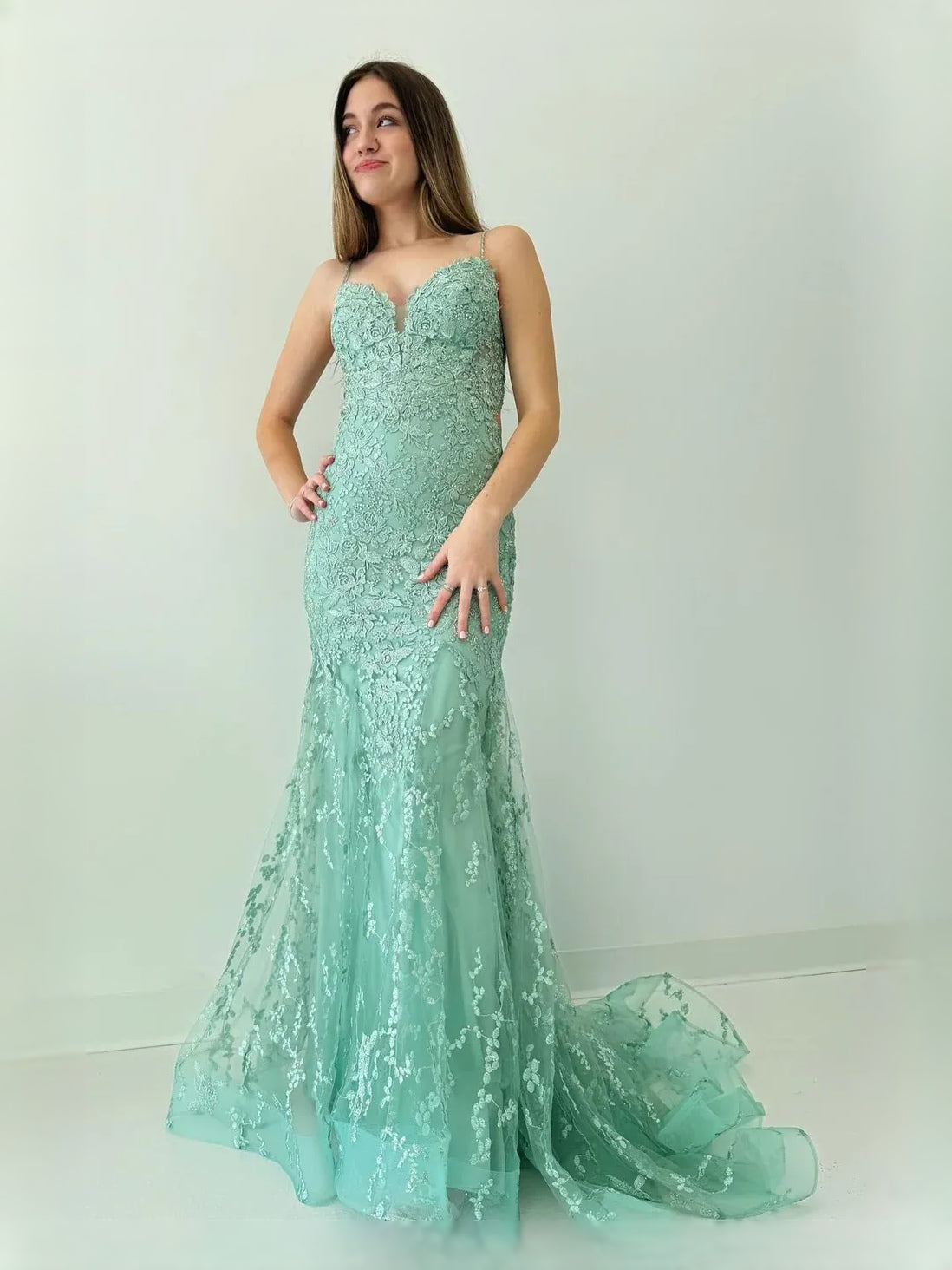 Sage Green floor-length prom dress, alternate view showing the bodice and skirt