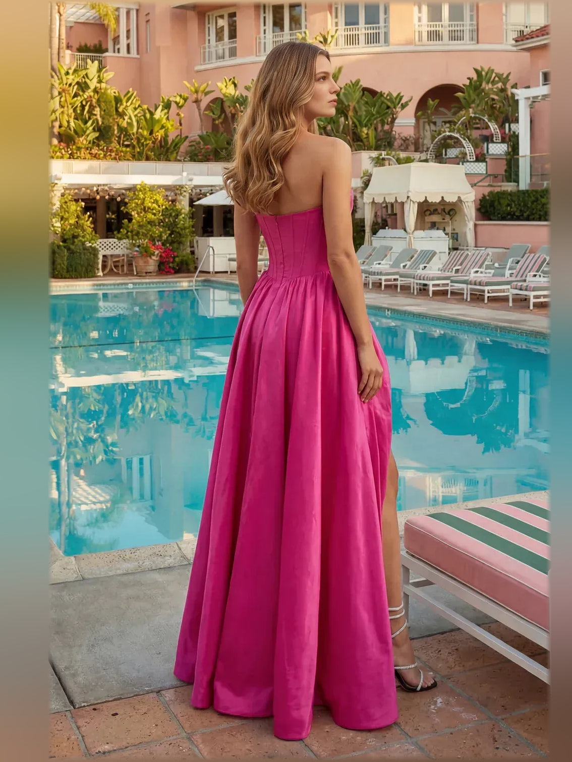 Fuchsia a-line floor-length formal dress with corset-style bodice, alternate view