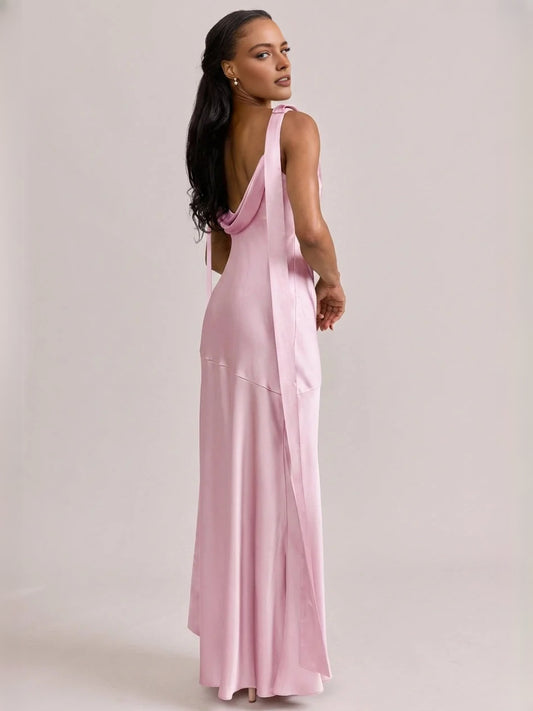 Pink maxi bridesmaid dress, alternate view showing the bodice and skirt