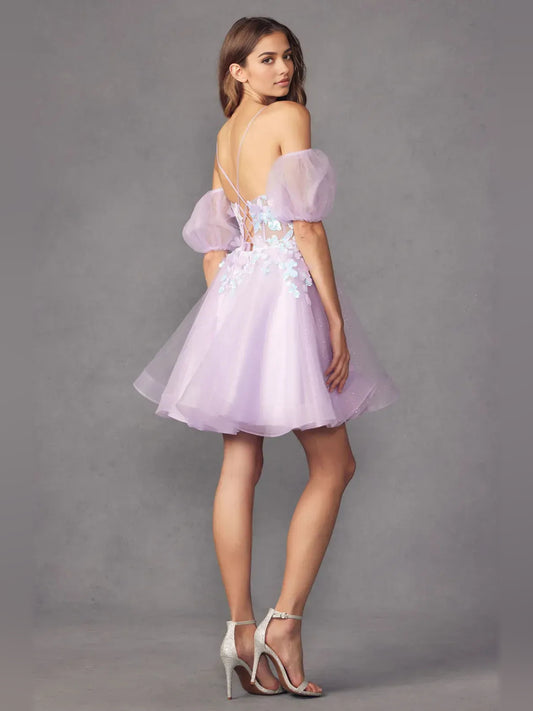 Lilac short homecoming dress, back view showing the rear of the dress