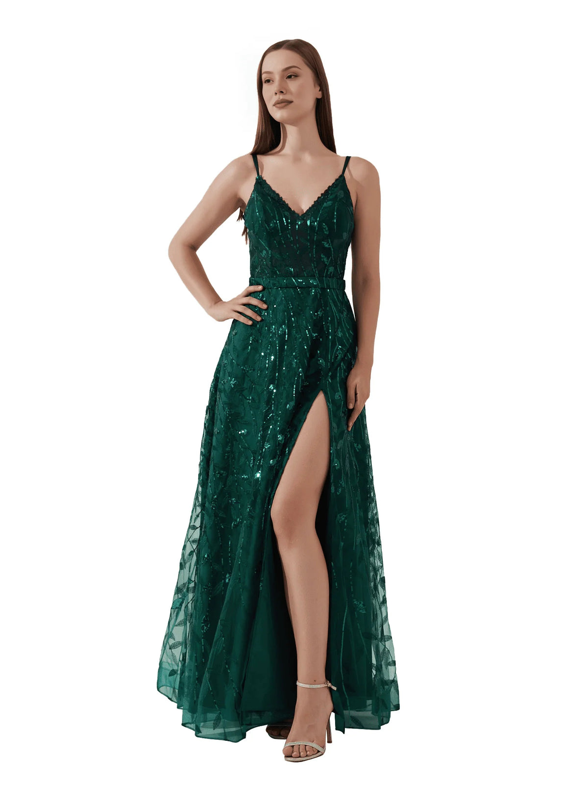Emerald Green floor-length prom dress, alternate view showing the bodice and skirt