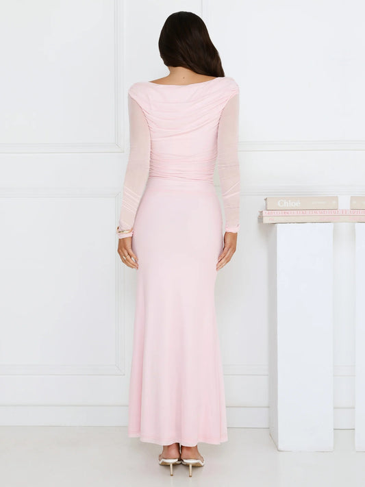Pink sheath maxi formal dress with sheath, full-length back view