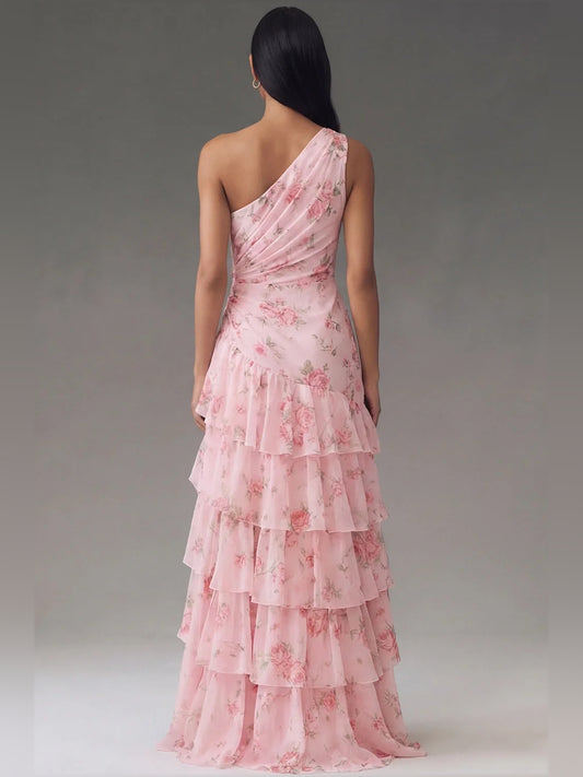 Light Pink maxi bridesmaid dress, alternate view showing the bodice and skirt