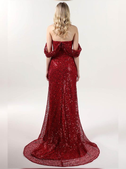 Deep Red sheath floor-length formal dress with sequins, alternate view