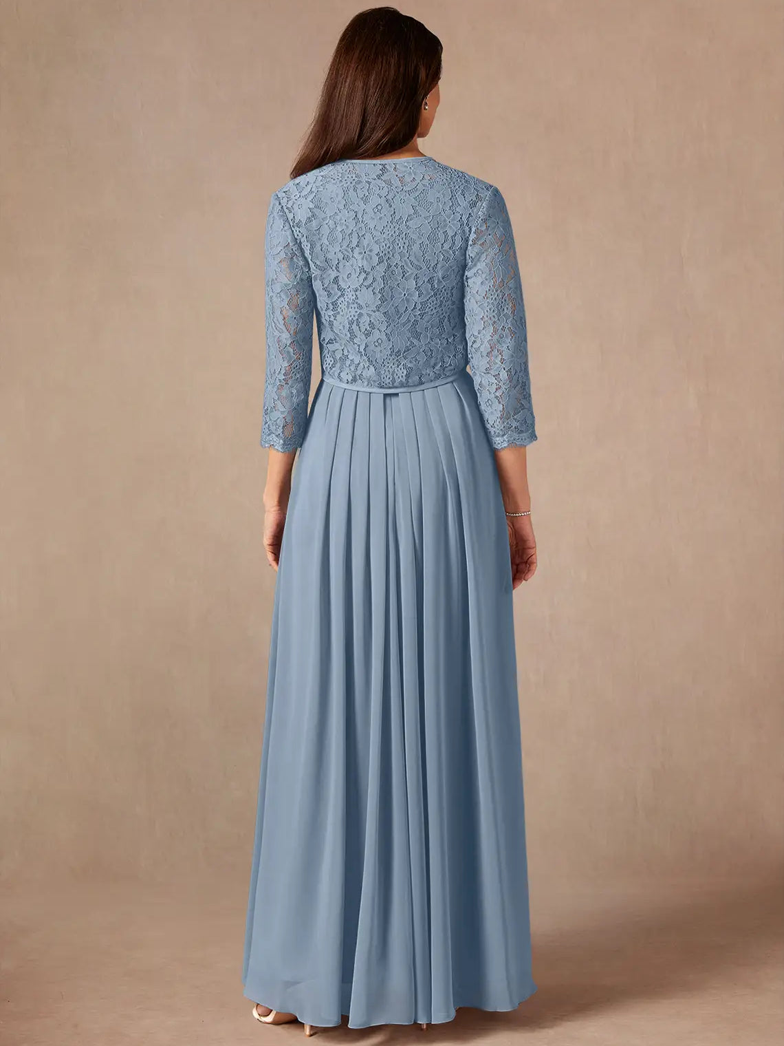 Dusty Blue maxi mother of the bride dress, alternate view showing the bodice and skirt