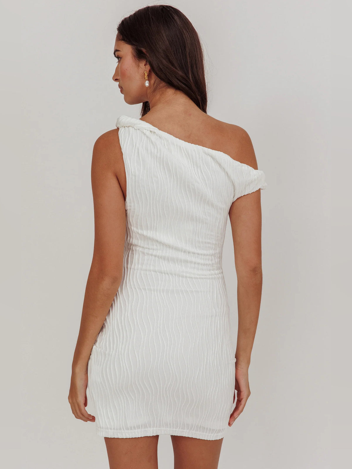 White mini homecoming dress, alternate view showing the bodice and skirt