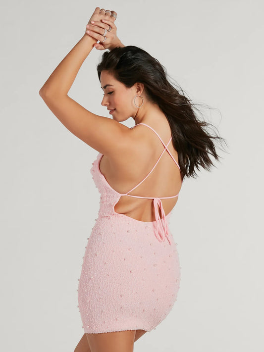 Orange mini homecoming dress, alternate view showing the bodice and skirt