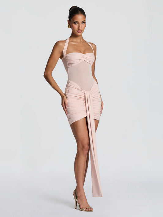 Blush mini homecoming dress, alternate view showing the bodice and skirt