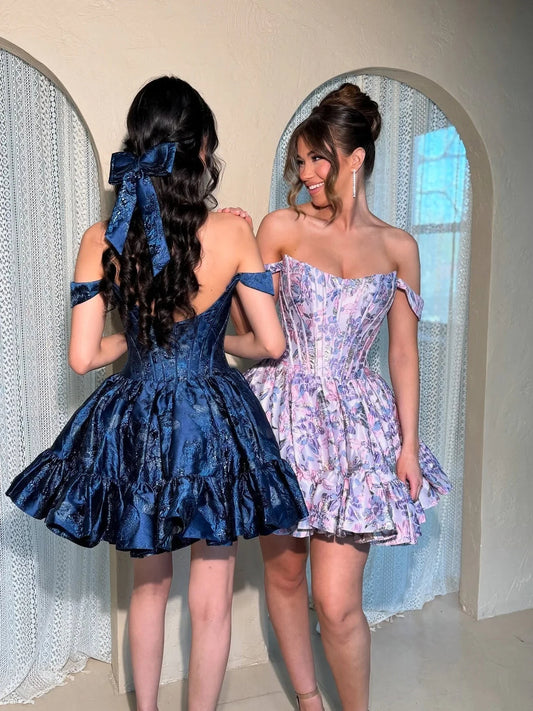 Purple mini homecoming dress, back view showing the rear of the dress