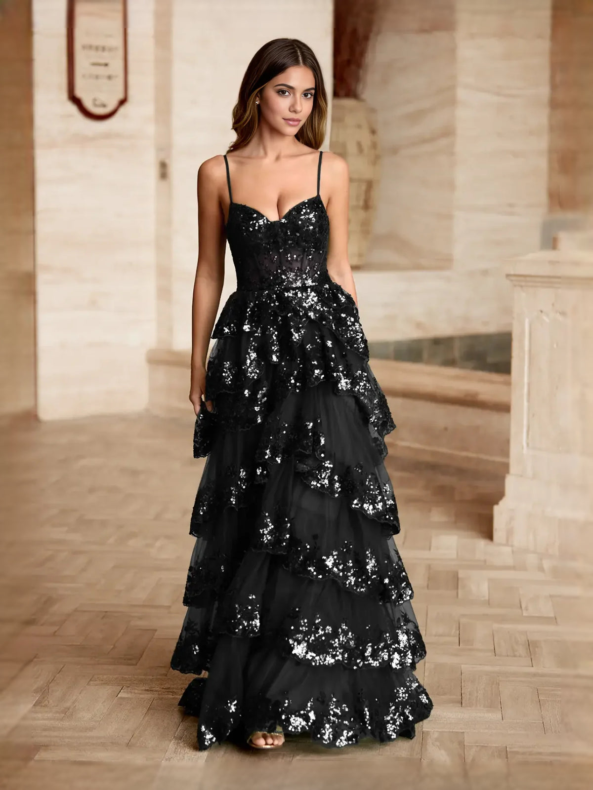 Black floor-length prom dress, alternate view showing the bodice and skirt