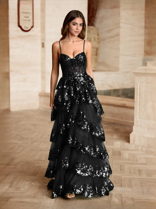 Black floor-length prom dress, alternate view showing the bodice and skirt