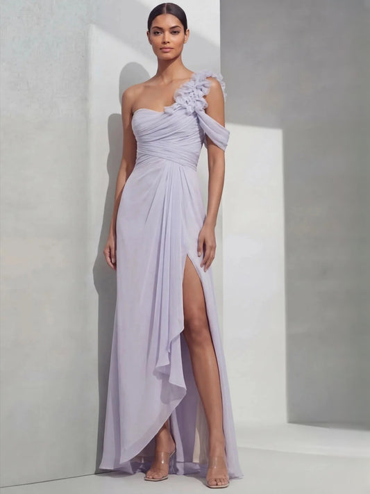 Lilac maxi bridesmaid dress, alternate view showing the bodice and skirt