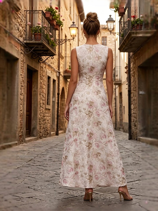 Pink tea-length mother of the bride dress, alternate view showing the bodice and skirt