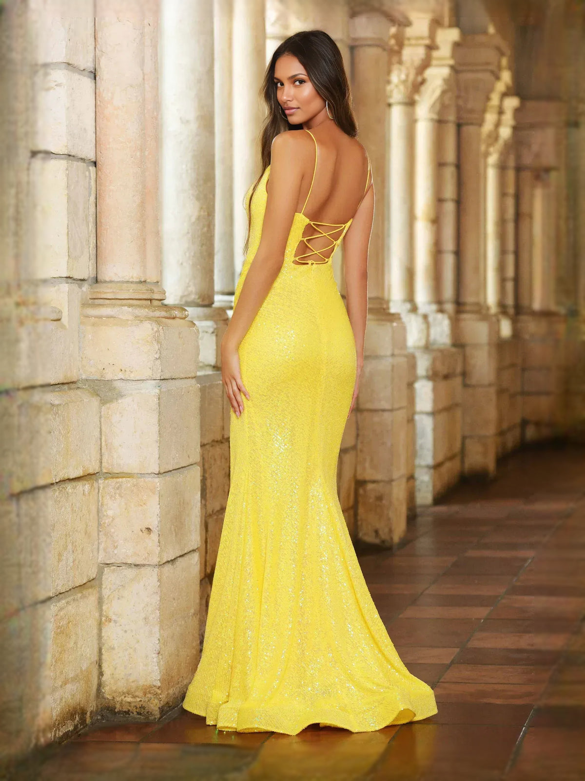 Lemon floor-length prom dress, alternate view showing the bodice and skirt