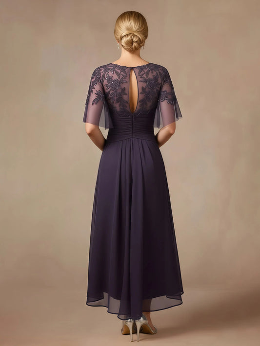 Plum midi mother of the bride dress, alternate view showing the bodice and skirt