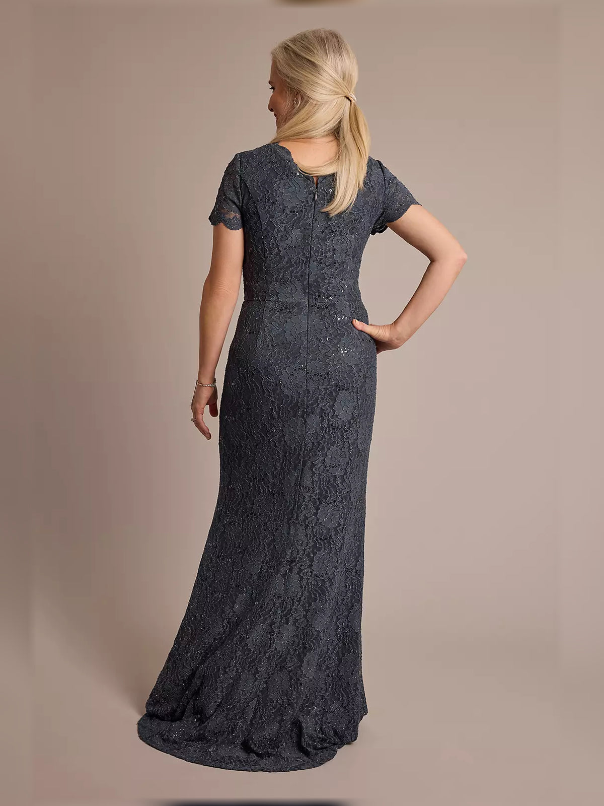 Charcoal short mother of the bride dress, alternate view showing the bodice and skirt