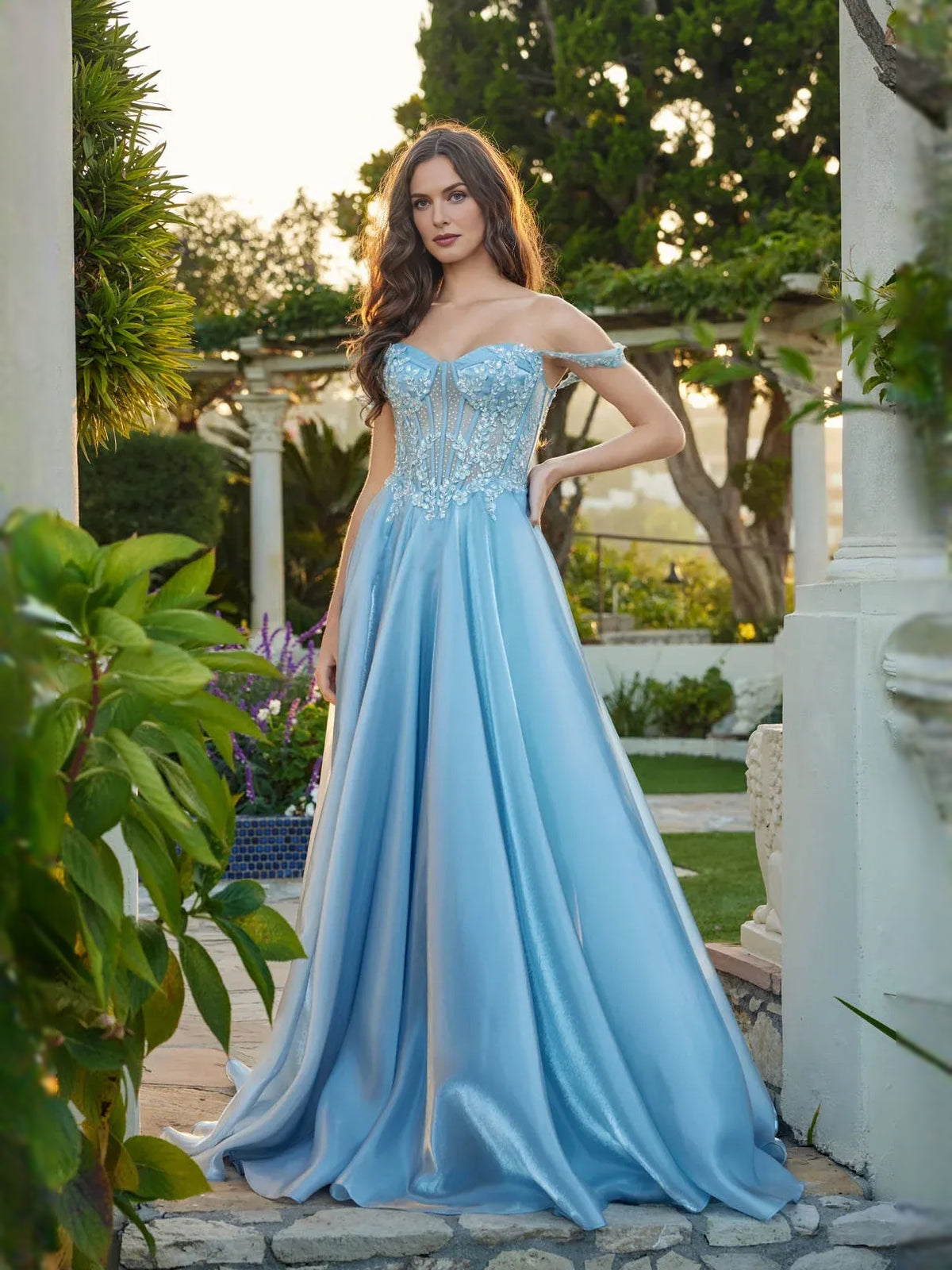 Blue floor-length prom dress, alternate view showing the bodice and skirt