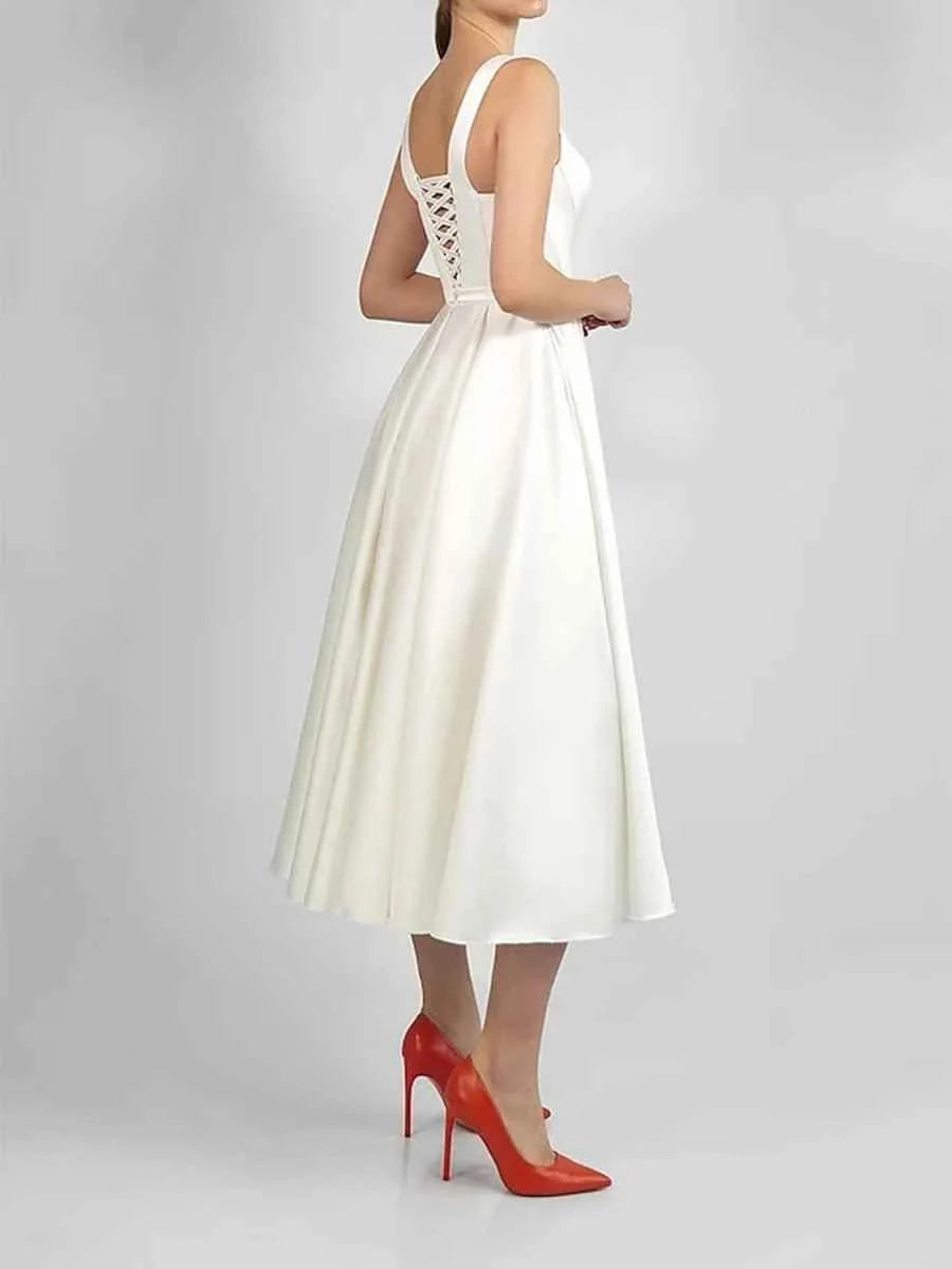 Crimson Red midi bridesmaid dress, alternate view showing the bodice and skirt