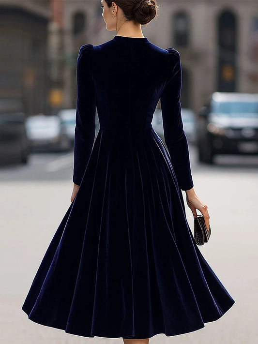 Navy Blue midi mother of the bride dress, alternate view showing the bodice and skirt
