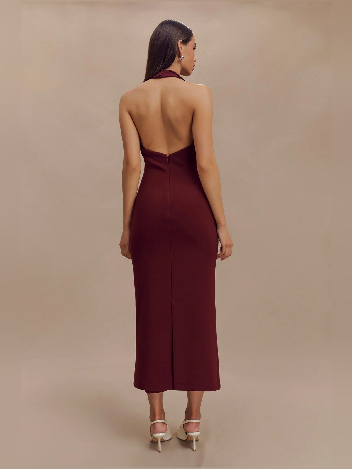 Merlot midi formal dress with halter neckline, alternate view