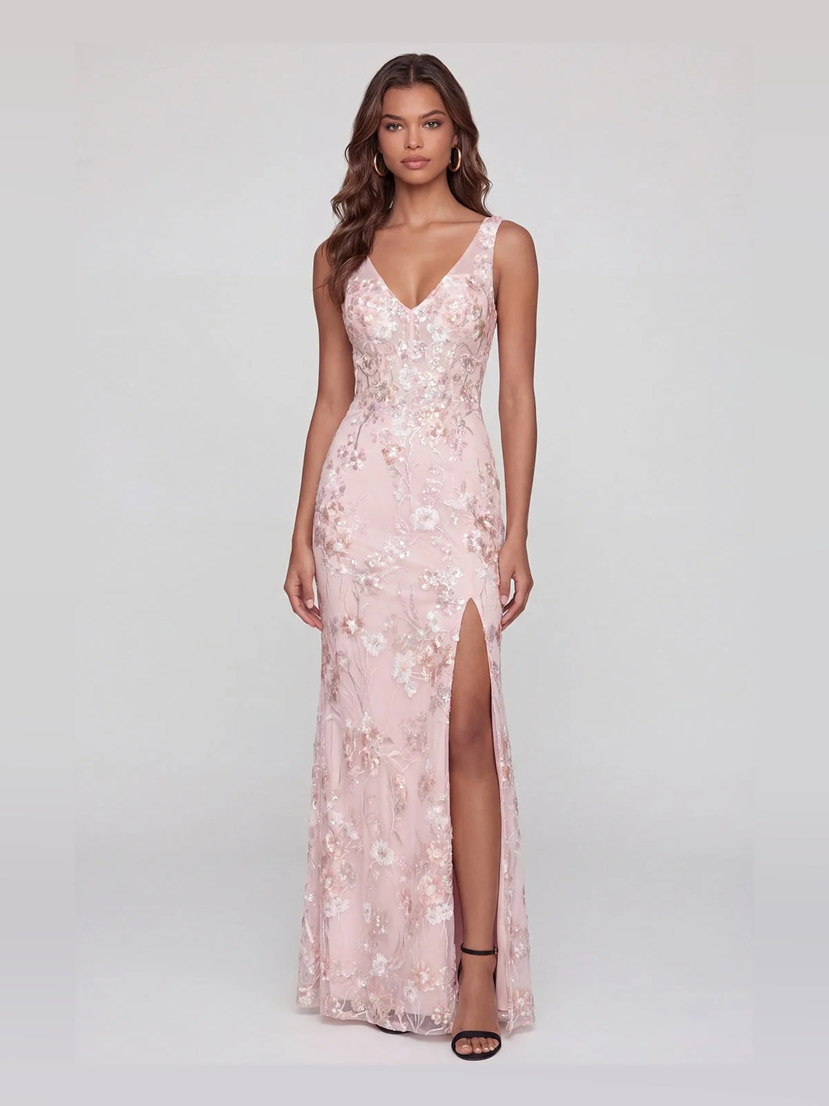 Blush Pink floor-length prom dress, alternate view showing the bodice and skirt