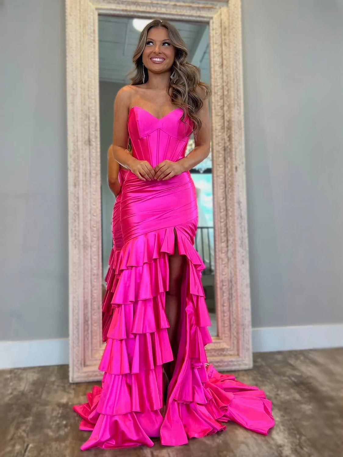 Fuchsia floor-length prom dress, alternate view showing the bodice and skirt