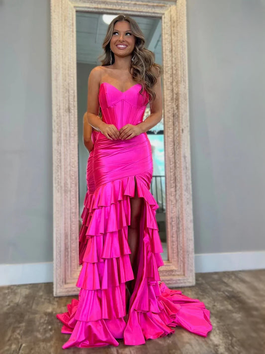 Fuchsia floor-length prom dress, alternate view showing the bodice and skirt