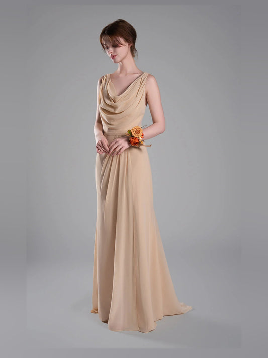 Beige maxi bridesmaid dress, alternate view showing the bodice and skirt
